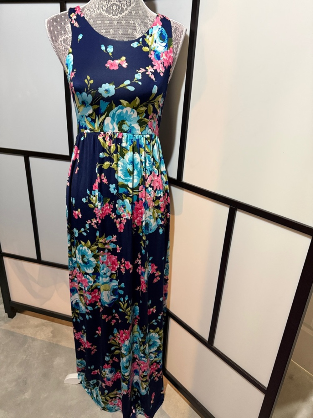 Bellamie Navy Floral Maxi Dress with Blue & Pink Blooms